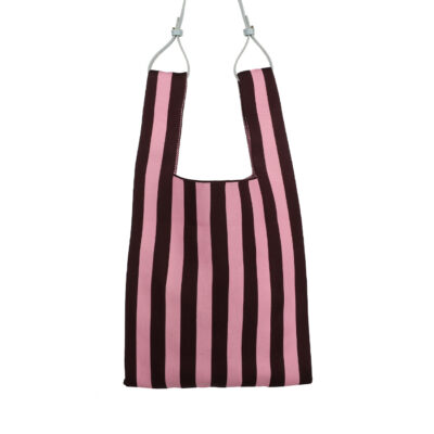 The Sticky Sis Club market bag knitted stripes chocolate + bubblegum